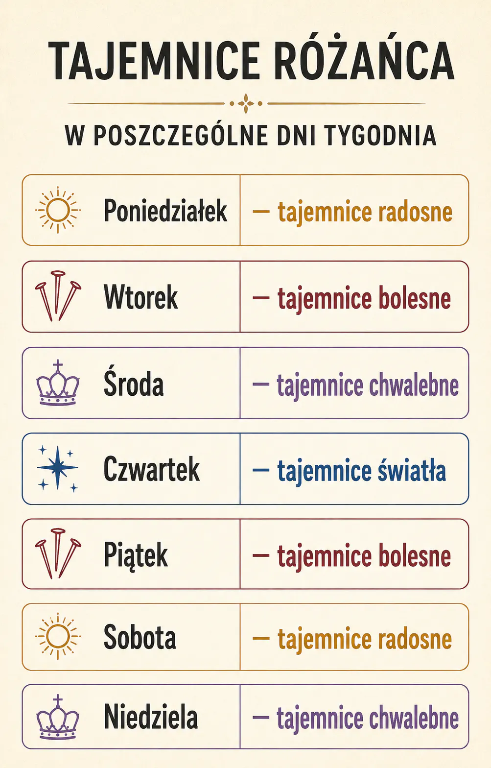 Tajemnice różańca w poszczególne dni tygodnia